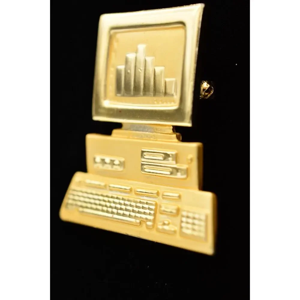 AJC Vintage Computer Pin Brooch Desktop Charts Graphs Signed NOS 1980s BinA10